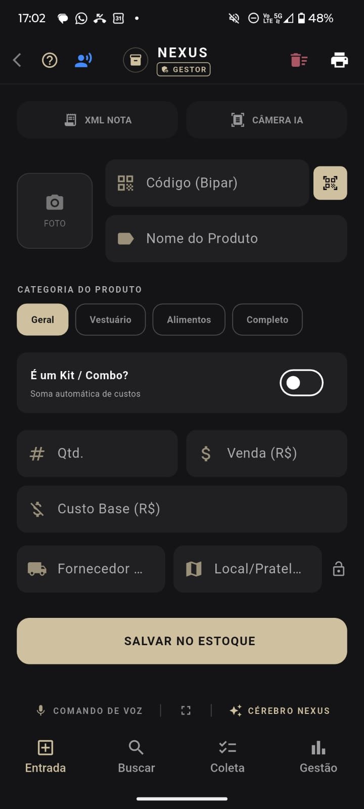 Tela de cadastro de produto com XML da nota, Câmera IA e leitura de código