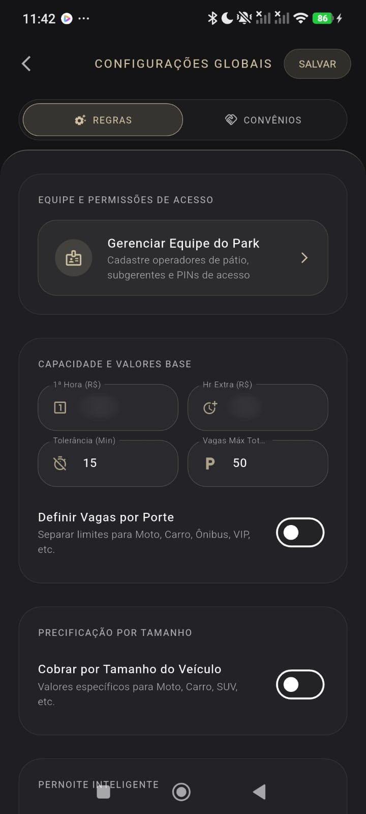 Configurações globais do Nexus Park com regras de cobrança